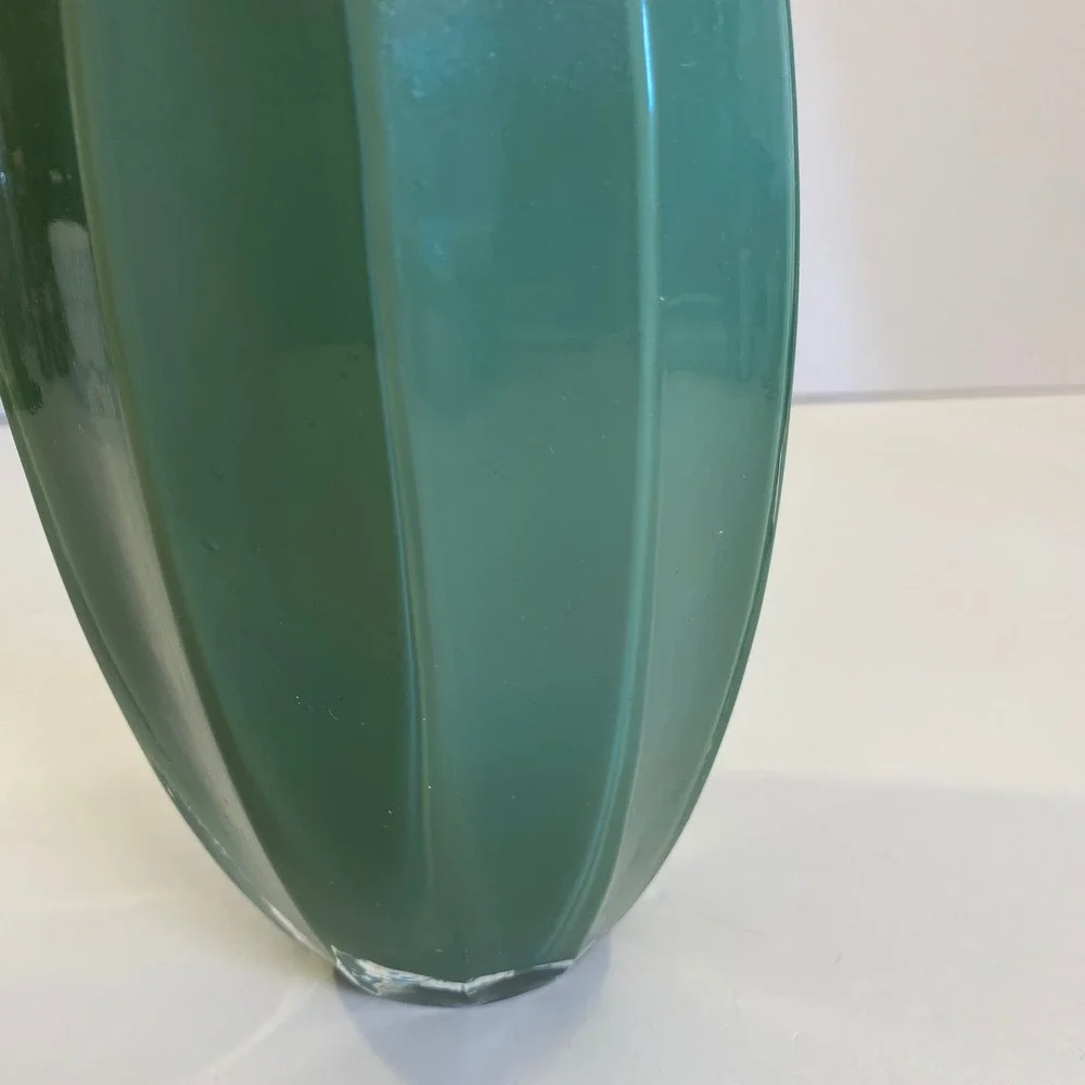 Vintage Jade Green Fluted Art Glass Bud Vase Organic Modern Deco Inspired 9.25